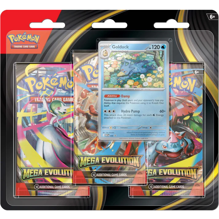 Pokémon trading card game packs with Golduck card on a white background